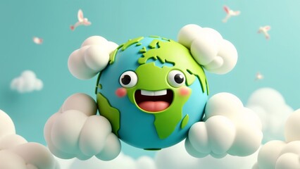 Obraz premium A 3D illustration of a green and blue globe surrounded by white clouds.
