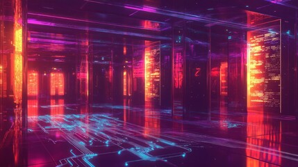 Cybernetic data center with gleaming servers and neon data pathways