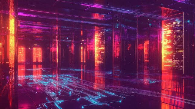 Cybernetic data center with gleaming servers and neon data pathways