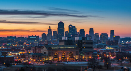 Obraz premium Kansas City Skyline at Twilight: A Stunning Urban Landscape, City Lights, Sunset, Union Station, Midwest Charm