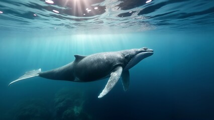 Fototapeta premium A whale swimming in the ocean with sunlight shining through the water.