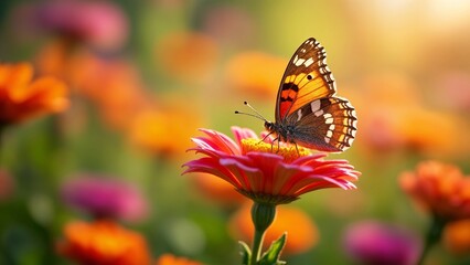 A butterfly sitting on top of a pink flower in a field of flowers.