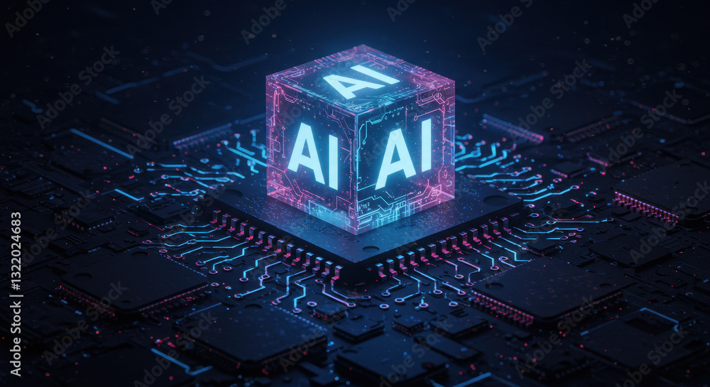 Poster ai cube on circuit board: futuristic tech, artificial intelligence, machine learning, & high-tech in