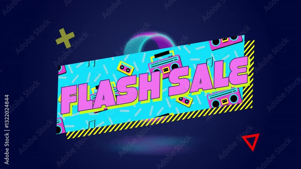 Poster animation of flash sale text with colorful retro graphics on vibrant blue background
