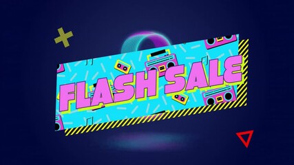 Animation of Flash Sale text with colorful retro graphics on vibrant blue background - Powered by Adobe