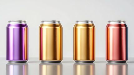 Four colorful aluminum cans stand in a row. Shiny surface. Plain backdrop