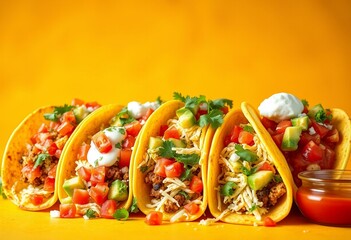 Colorful taco bar with toppings and sauces