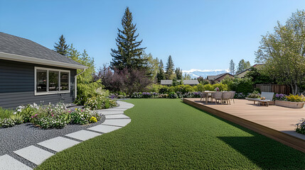 Lush Green Backyard Landscape With Wooden Deck And Grey House Exterior On A Sunny Day