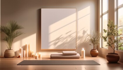 Fototapeta premium Blank pictures frame mockup wall art posters in cozy light beige yoga studio room interior 