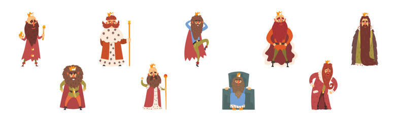 Bearded Man King Character with Mantle and Crown Vector Set