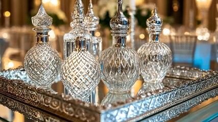Elegant crystal bottles on mirrored tray, banquet setting - Powered by Adobe