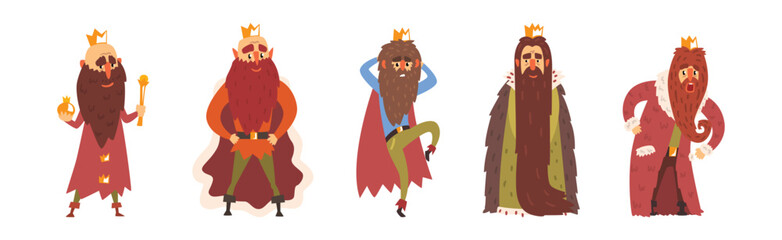 Bearded Man King Character with Mantle and Crown Vector Set