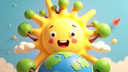 Obraz premium A 3D illustration of a smiling sun with a globe in front of it.