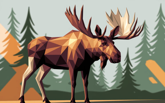 Fototapeta Stylized Moose in Geometric Design Against a Woodland Background