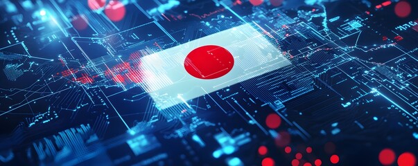 Japanese flag integrated onto a complex interconnected circuit board