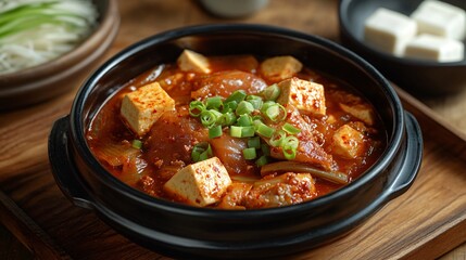 A cozy dinner setting featuring a bowl of homemade kimchi stew (kimchi jjigae) with tender pork belly and tofu, garnished with spring onions