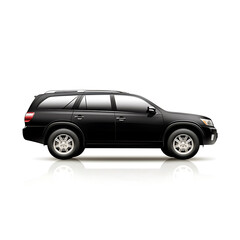 Obraz premium Sleek black SUV with chrome accents depicted in a side view on a reflective surface isolated against a white background.