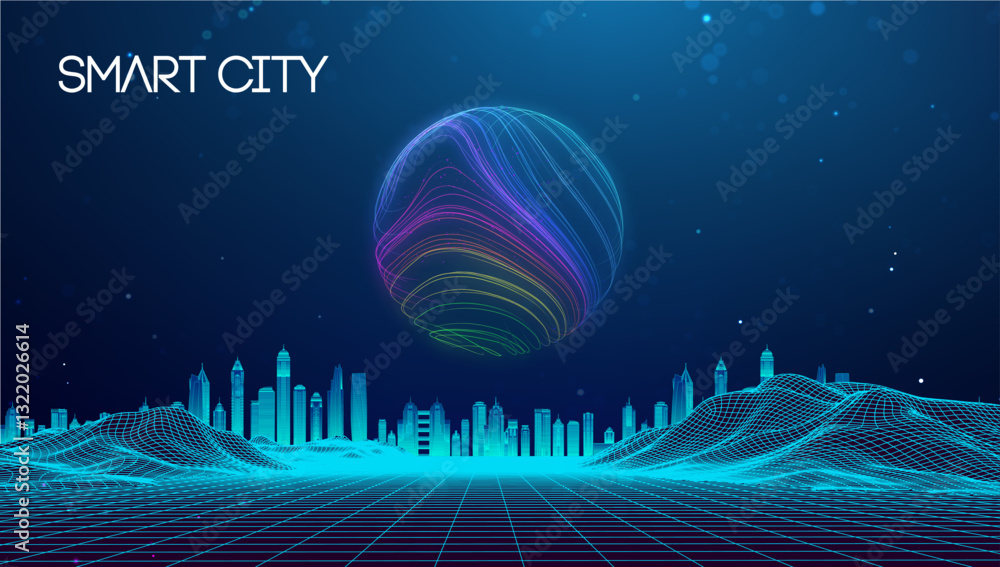 Poster wireframe landscape with smart city. technology background blue in low poly style. data security 3d 