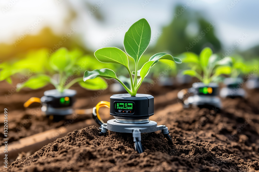 Poster sensors integrated into soil actively monitor conditions, providing vital data to a control hub