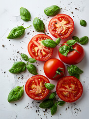 Freshly cut tomatoes and fragrant basil leaves scattered on a bright surface with a sprinkle of black pepper.