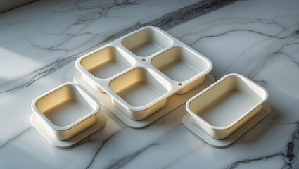 Modern kitchen containers arranged neatly on a marble countertop during morning sunlight