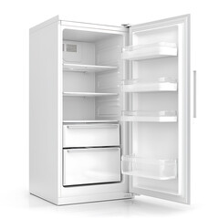 A clean white and empty refrigerator stands with its door open revealing shelves drawers and door compartments within.