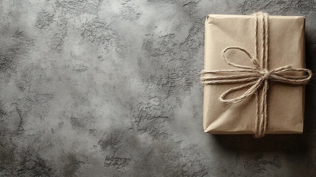Gift Kraft paper parcel tied with twine on textured gray backdrop