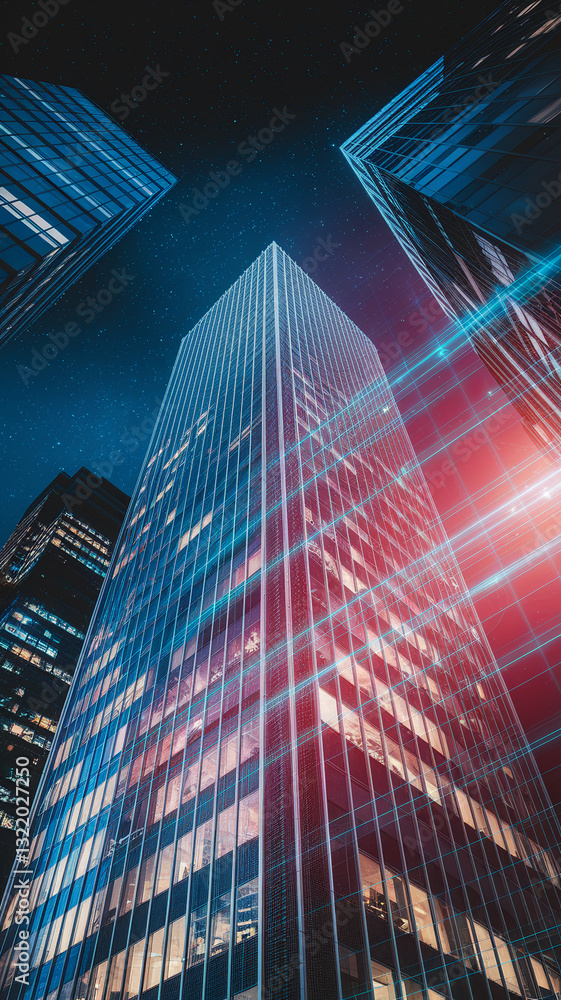 Poster low-angle view of a modern glass skyscraper at night, illuminated with blue and red light streams, c