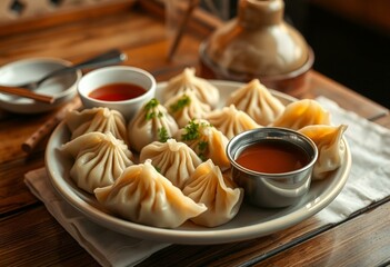 Fototapeta premium Steaming plate of assorted dumplings with dipping sauce and fresh herbs