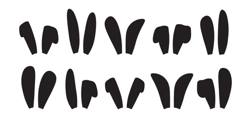 Easter bunny ears, rabbit mask, cute hare character, cartoon animal ear costume, spring funny pet, black silhouette set isolated on white background. Simple vector illustration