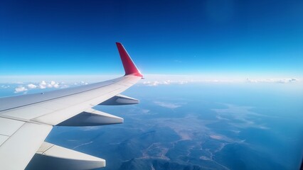 Obraz premium A view of the wing of an airplane flying above the clouds.