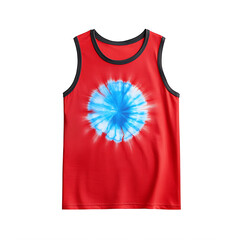 A red sleeveless shirt with black trim featuring a vibrant blue tie-dye burst design in the center.