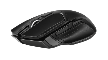 Modern black wireless gaming mouse with customizable buttons on transparent background