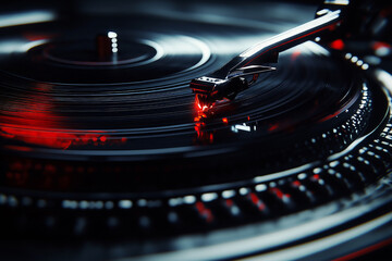 A cinematic close-up of a turntable needle playing a scratched vinyl with hip-hop beats.