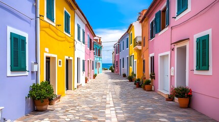 Fototapeta premium Charming Cobblestone Alley in Picturesque Mediterranean Coastal Town