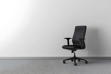 An empty black office chair sits against a clean white wall with neutral carpeting.