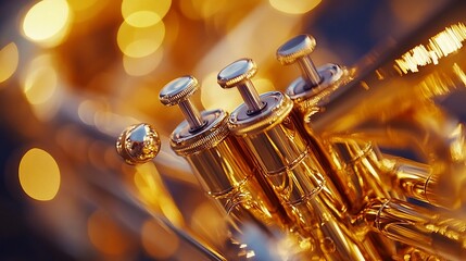 Fototapeta premium Gleaming gold valves of a brass instrument, bokeh background