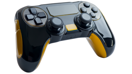 Black and yellow gamepad controller floating on transparent background