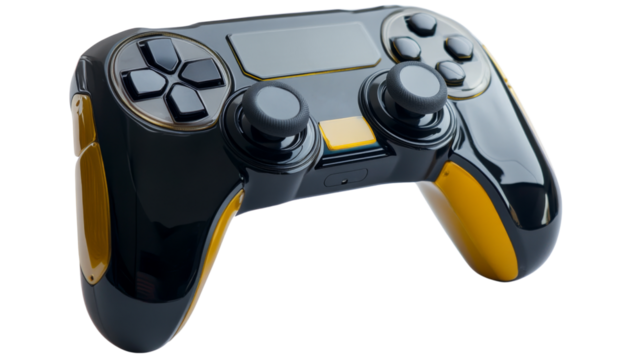 Black and yellow gamepad controller floating on transparent background
