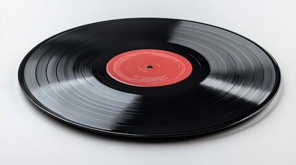 Fototapeta premium Glossy black vinyl record with a red center label on a clean white surface