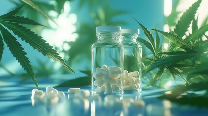 Glass bottles with pills and cannabis leaves on a table. Cannabis pills.