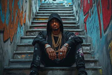 A stylish young man wearing a hoodie and gold chains, sitting on a staircase covered in street art.
