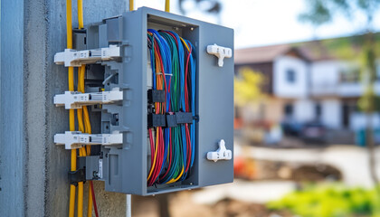 An electrical box is mounted securely on a vertical pole, displaying an array of colorful wires connected to various terminals