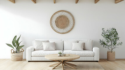 Bright And Airy Minimalist Living Room With White Sofa Wooden Accents And Natural Decor In Bohemian Scandinavian Style