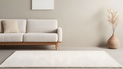 Cozy and Serene Scandinavian Inspired Living Room with Plush Rug and Sleek Furniture
