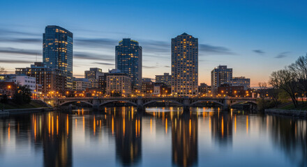 Fototapeta premium Grand Rapids Glow: Skyline Reflections at Dusk, Michigan Cityscape, River Lights, Urban Beauty, Evening Ambiance