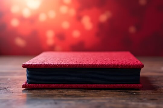 Red Photo Album with Dark Binding on Wooden Surface