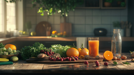 A vibrant still-life composition showcasing fresh, organic fruits and vegetables