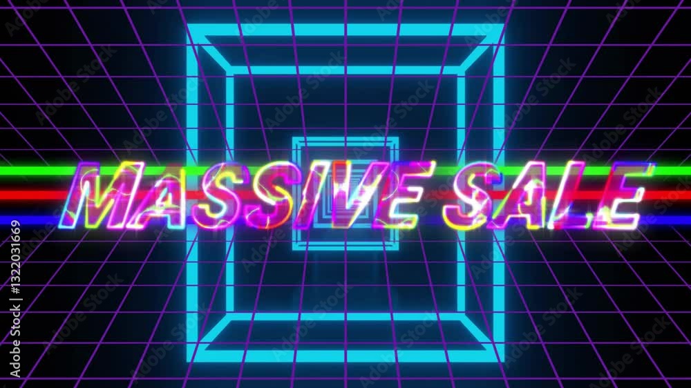 Aufkleber glowing neon text massive sale with vibrant colors and grid pattern animation