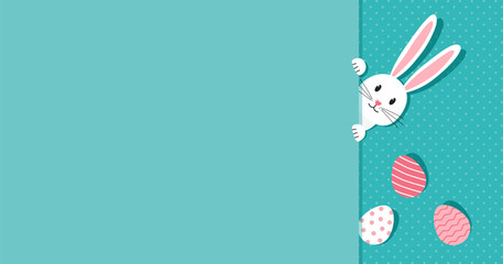 Easter card, rabbit and eggs, spring bunny, egg hunt background, cartoon poster, fun greeting banner. Holiday cute animal bg. Vector illustration